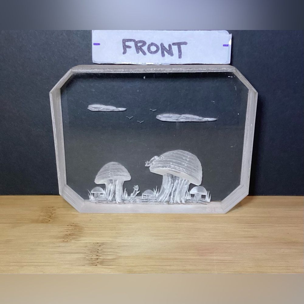 VTG Ronald Fox Signed Lucite Carved Etching Mice,Mushrooms